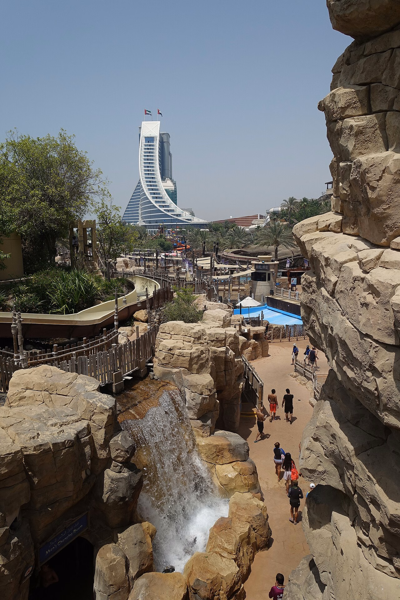 Wild Wadi pathways and rock scenery, Jumeirah Beach Hotel behind